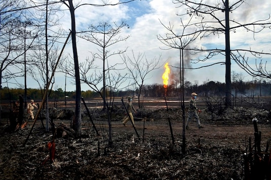 Security personnel walk near the site of an oil well that exploded and caught fire at Baghjan, Tinsukia district in the northeastern Indian state of Assam, Wednesday, June 10, 2020. (Image: AP/File)