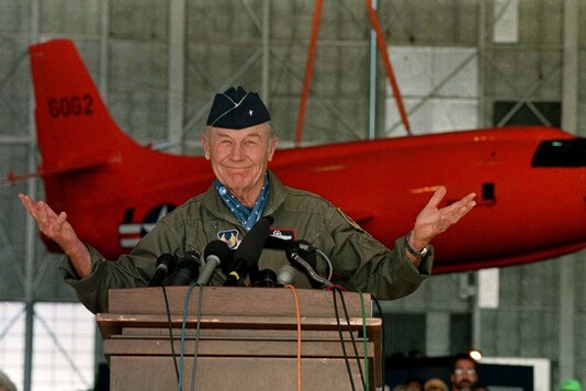 File photo of retired Air Force General Chuck Yeager during a press conference honouring the 50th anniversary of his first supersonic flight at Edwards Air Force Base, California. (Image: Reuters)