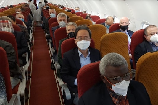 64 Heads of Missions in India leave for Hyderabad, where they are scheduled to visit Bharat Biotech and Biological E. Ltd, in continuation of the briefing by Ministry of External Affairs (MEA). The facilities are developing Covid-19 vaccine. (ANI)