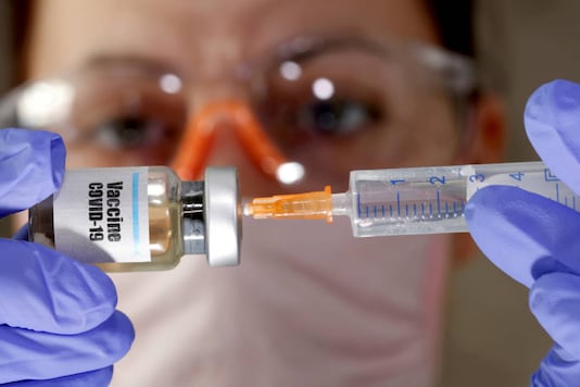 एक महिला एक छोटी बोतल रखती है जिस पर लेबल लगा होता है "वैक्सीन COVID-19" स्टिकर और एक चिकित्सा सिरिंज।  (REUTERS / Dado Ruvic / फाइल फोटो)