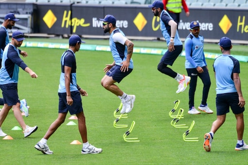 Indian cricket team goes through the drills at the Adelaide Oval.