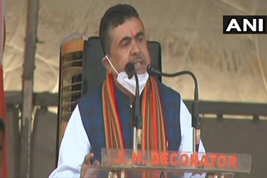 Suvendu Adhikari speaks at Amit Shah’s Midnapore rally after joining the BJP on Saturday. (Twitter/@ANI)