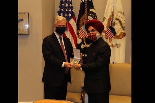 India's Ambassador to the US, Taranjit Singh Sandhu, accepted the award on behalf of the prime minister from the US National Security Advisor Robert O'Brien at the White House. (Credits: ANI)