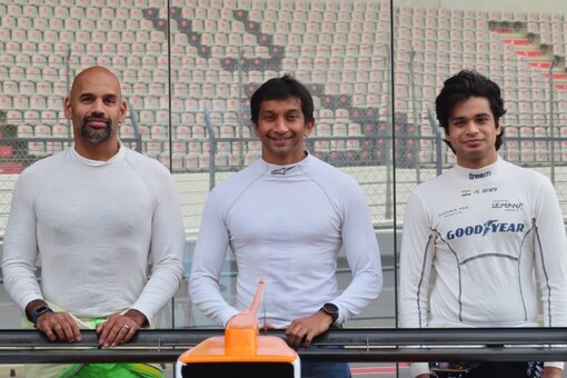 Racing Team India led by Narain Karthikeyan (centre), Arjun Maini (right) and Naveen Rao.