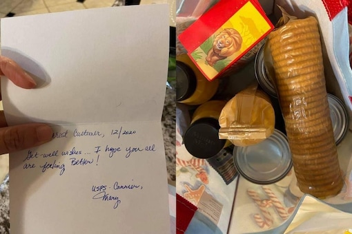 Mary turned up at her doorstep a few days later to deliver a package to Lisette LeJeune that included a get well soon card, canned soup, crackers, cookies and other goodies. (Credit: 