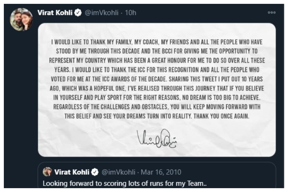 Virat Kohli Shares Ten-Year-Old Tweet, Pens Down Emotional 'Thank You' Note on Winning ICC Male Cricketer of the Decade Award