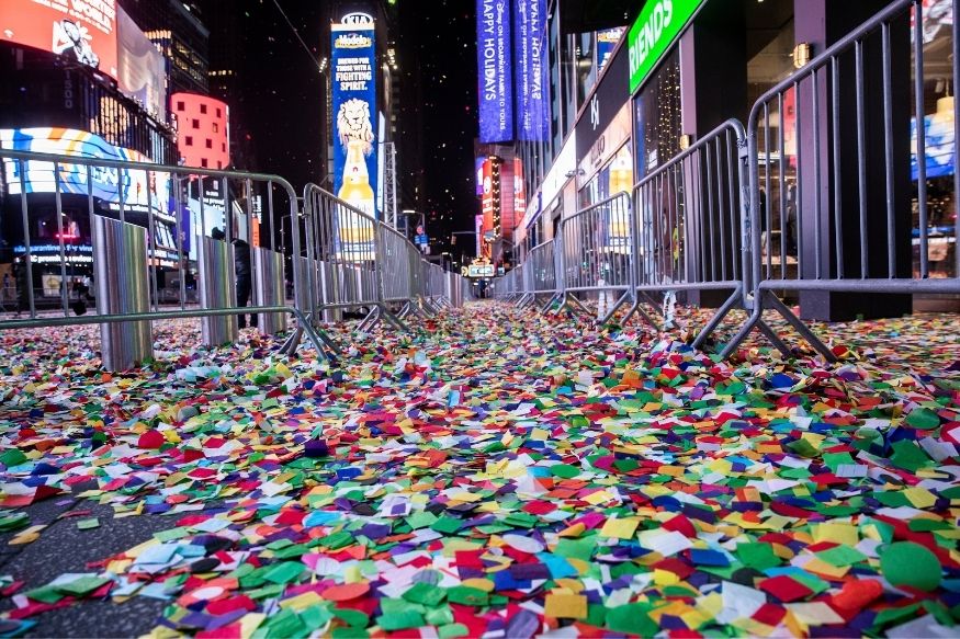 Confetti on Deserted Streets and Barricades New York's Times Square