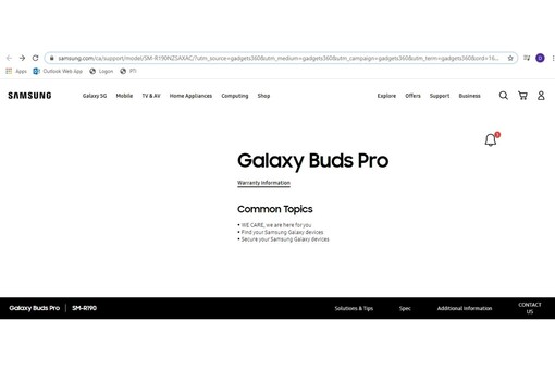 Samsung Galaxy Buds Pro support page on Canada website.