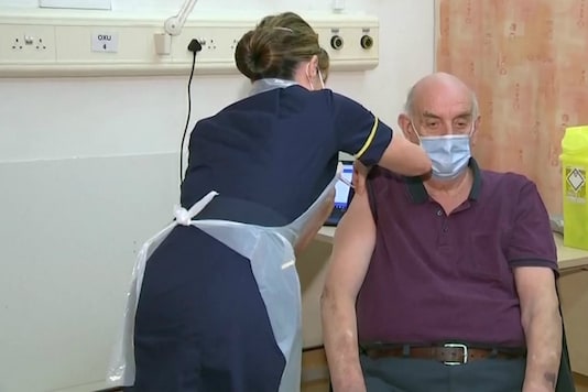 82-year-old Brian Pinker gets the first Oxford vaccine shot in Britain. 82-year-old Brian Pinker gets the first Oxford vaccine shot in Britain.