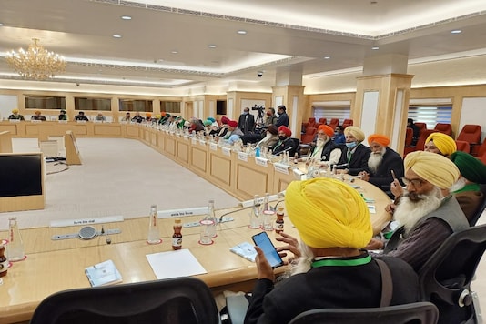 Farmer union leaders at the Vigyan Bhawan for eighth round of talks with the Centre on January 8. Farmer union leaders at the Vigyan Bhawan for eighth round of talks with the Centre on January 8.