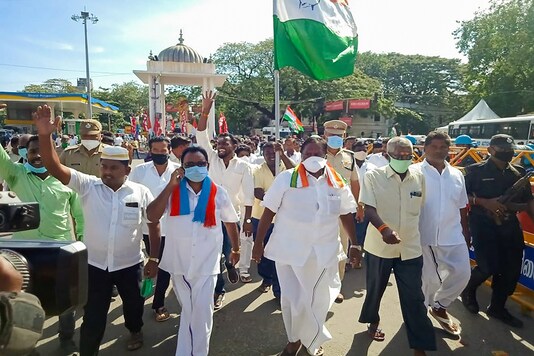 Ruling Congress-led Secular Democratic Alliance (SDA) leaders take out a rally in Puducherry on Friday against Lt-Governor Kiran Bedi. (PTI)