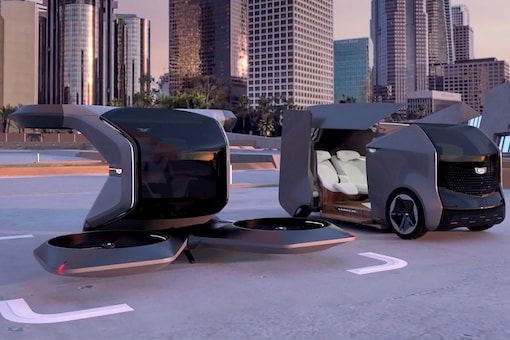 Two futuristic Cadillac concepts, an electric shuttle and an autonomous vertical take-off and landing (VTOL) drone, are seen in a still image from video presented by General Motors (GM) at the 2021 CES show on January 12, 2021.  GM/Handout via REUTERS