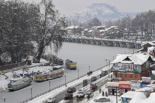An aerial view of the city after a snowfall in Srinagar. Photo: PTI