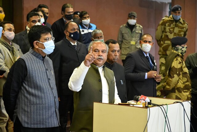 Union Minister for Agriculture Narendra Singh Tomar along commerce minister Piyush Goyal and Minister of State Som Prakash after the 9th round of talks on Jan. 15, 2021. (Image: PTI)