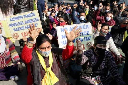 Members of the Youth All India Kashmiri Samaj shout slogans during a protest rally in front of the UNO office to observe the 19th January as Holocaust Day, in Jammu, on Tuesday, January 19, 2021. (Image: PTI)