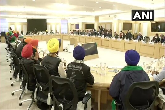 The tenth round of talks between farmer unions and the Centre over the three farm laws at Vigyan Bhawan in New Delhi. (Image: ANI)