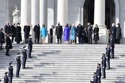 Doug Emhoff, US Vice President-elect Kamala Harris, incoming US First Lady Jill Biden, US President-elect Joe Biden at the Capitol on Saturday. (AFP) Doug Emhoff, US Vice President-elect Kamala Harris, incoming US First Lady Jill Biden, US President-elect Joe Biden at the Capitol on Saturday. (AFP)