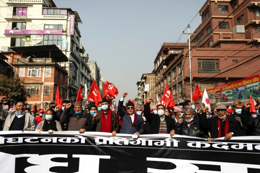 Former Prime Ministers Pushpa Kamal Dahal, also known as Prachanda, (C) along with senior political leaders lead the protest against the dissolution of parliament, in Kathmandu, Nepal January 22, 2021. REUTERS/Navesh Chitrakar