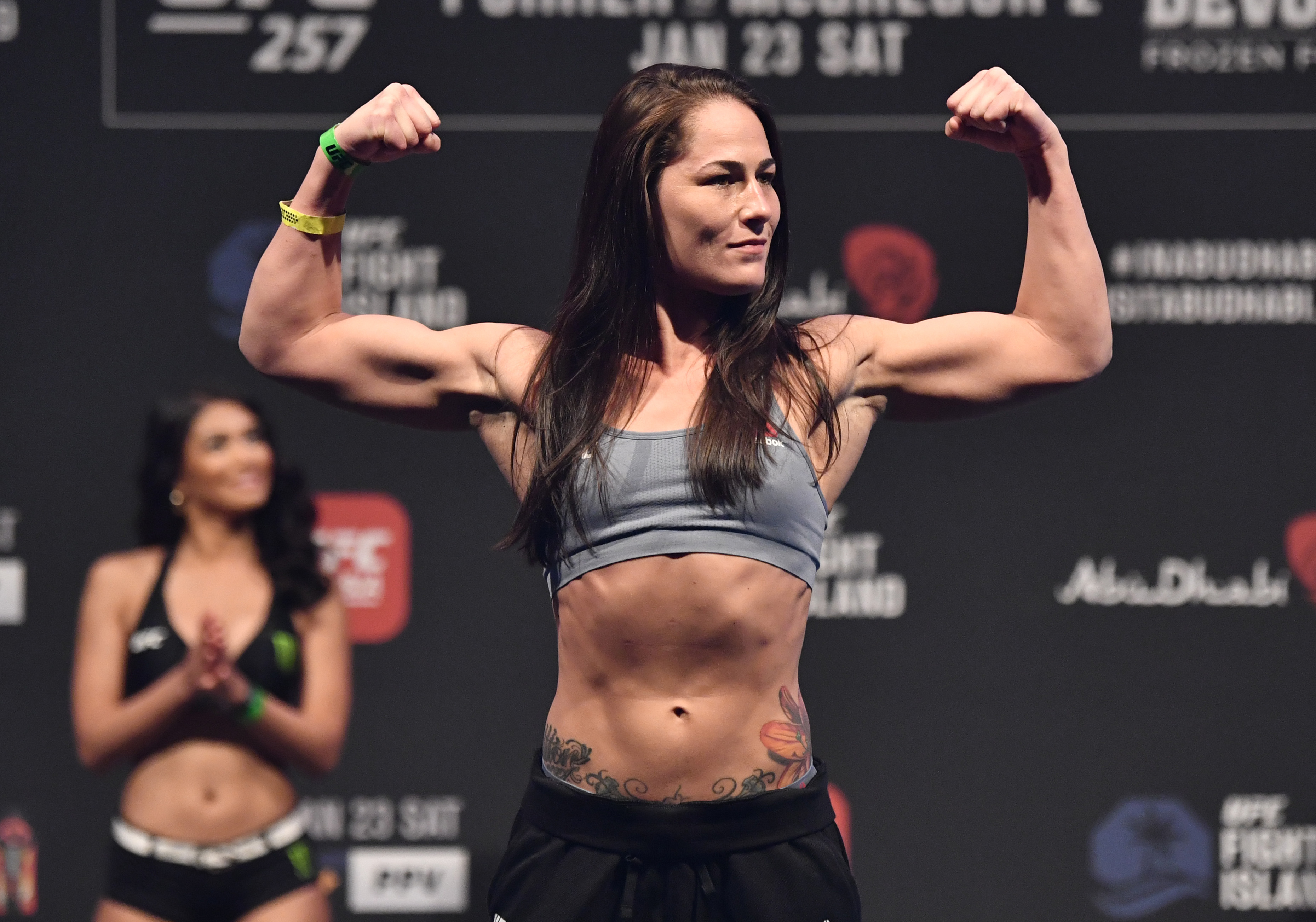 21. Jessica Eye poses on the scale during the UFC 257 weigh-in at Etihad Ar...