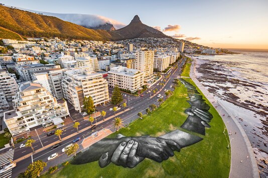 An aerial view shows a giant land-art fresco by French artist Saype, painted for the 9th step of his worldwide 