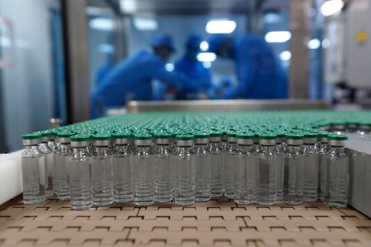 Vials of COVID-19 vaccine are seen before they are packed at the Serum Institute of India, Pune on Jan. 21. 