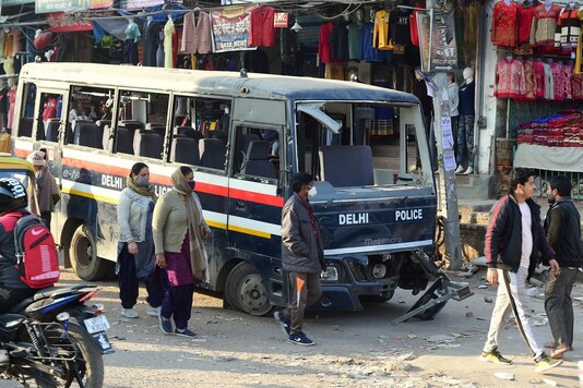A damaged police vehicle, a day after farmers' tractor march that turned violent, in New Delhi, Wednesday, Jan 27, 2021. (Image: PTI)