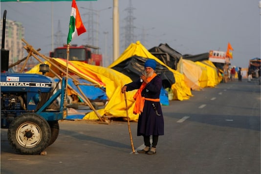A protester stands at the Delhi-UP border during demonstrations against the Centre's farm laws. (AP)
