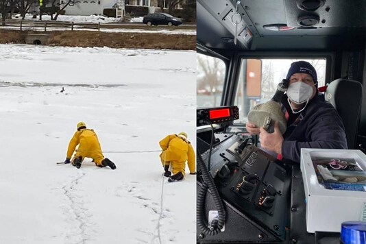 The departments received a call about an injured bird that was stuck on the frozen lake for the past two days. (Credit: Brian Merkle and Austin Schmitt/ facebook)