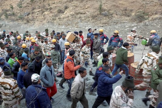  ITBP personnel carry out search and rescue operation at Tapovan Tunnel, after a glacier broke off in Joshimath in Uttarakhand’s Chamoli district causing a massive flood in the Dhauli Ganga river. (File photo)