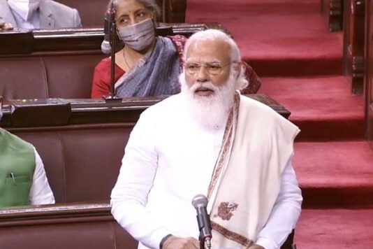 Prime Minister Narendra Modi speaks in the Rajya Sabha on Tuesday. 