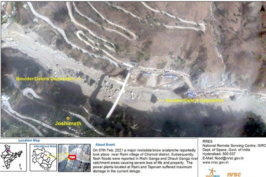 Boulder and debris deposition at Dhauliganga river. (Image: ISRO/NRSC)