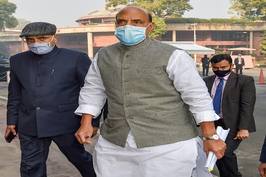 Defence Minister Rajnath Singh arrives at Parliament, during the ongoing Budget Session, in New Delhi, on Thursday, Feb. 11, 2021. (PTI Photo)