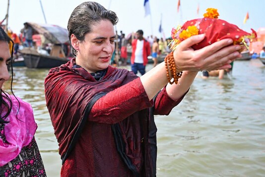 Congress leader Priyanka Gandhi Vadra takes a holy dip in Sangam on the occasion of 'Mauni Amavasya' in Prayagraj on Thursday. (PTI)