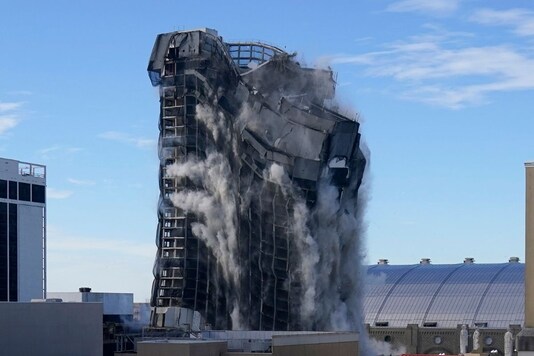 The former Trump Plaza casino is imploded on Wednesday, Feb. 17, 2021, in Atlantic City, N.J. After falling into disrepair, the one-time jewel of former President Donald Trump's casino empire is reduced to rubble, clearing the way for a prime development opportunity on the middle of the Boardwalk, where the Plaza used to market itself as 