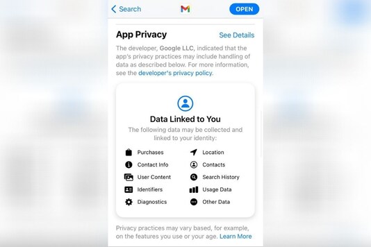 Gmail privacy label on Apple App Store