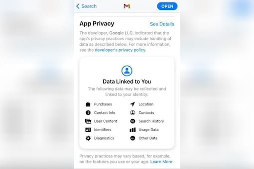 Gmail privacy label on Apple App Store