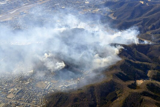 Smoke rises from the site of a wildfire in Ashikaga, Tochigi prefecture, Feb. 24, 2021. (AP)
