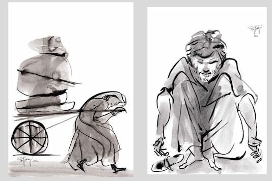 Ink paintings from Indian artist Jatin Das' collection Exodus 2020. (Credit: Jatin das via REUTERS)