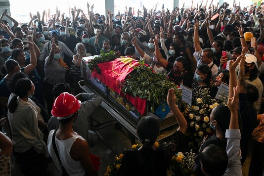 People attend the funeral of victims shot dead during the anti-coup protest in Yangon, Myanmar, March 5. (REUTERS)