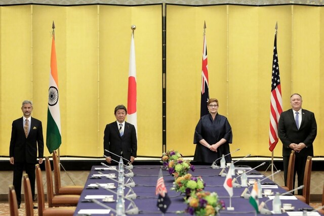 File pic of external affairs minister S Jaishankar, with Japan's foreign minister Toshimitsu Motegi, Australia's foreign minister Marise Payne and then US Secretary of State Mike Pompeo. (Reuters)