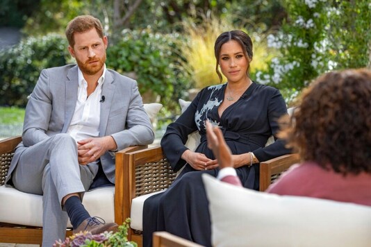 Meghan Markle and Prince Harry during an interview with Oprah Winfrey. (AP)