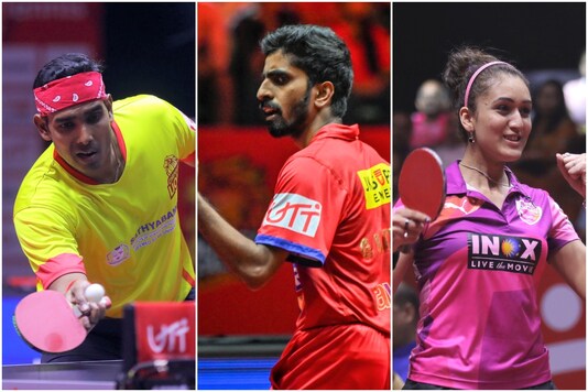 Sharath Kamal (L), Sathiyan Gnanasekaran (C) and Manika Batra