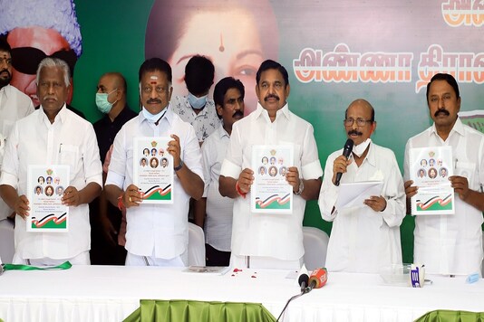Tamil Nadu CM K Palaniswami and AIADMK party leaders during the release of party's manifesto in Chennai on Sunday. (PTI)