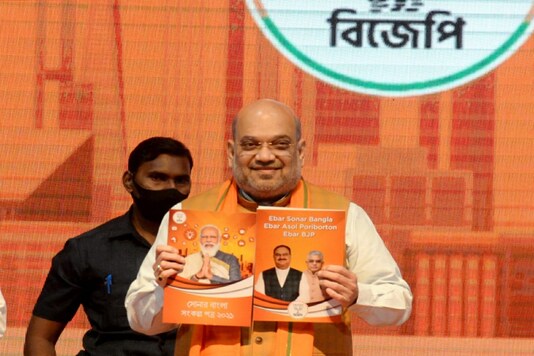 Amit Shah releases party's 'Sankalp Patra' in Kolkata on Sunday.