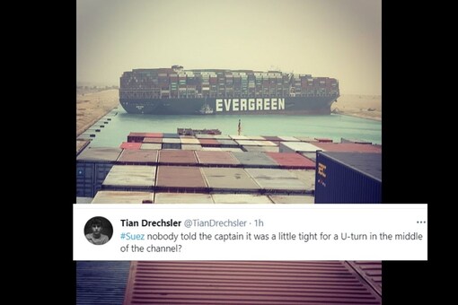 The vessel is 400m long and 59 metres wide and has made it impossible for any other ship to pass through. (Credit: @nameshiv/Twitter)