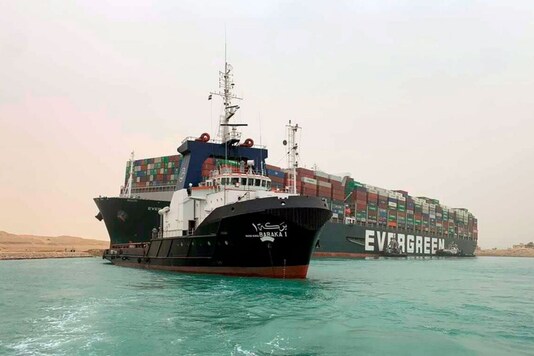 FILE PHOTO: A container ship which was hit by strong wind and ran aground is pictured in Suez Canal