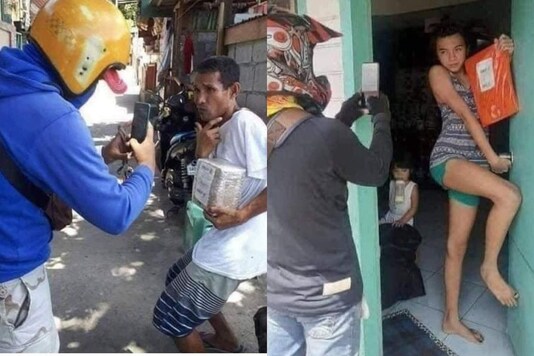 Many pictures of people posing for the delivery person on receiving their parcels have gone viral on social media. (Credit: @ourasianspage/facebook)