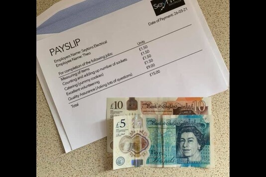 In a Facebook post, Theo's mother revealed that the little fellow would ask umpteen questions to the employees of the Seytons Electrical working in their house and for this they gave him his first paycheck. (Credit: Laura-Nicole Anderson/Facebook)