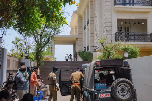 Security personnel outside DMK leader MK Stalin's daughter Senthamarai Stalin's residence during a raid by Income Tax, in Chennai, Friday, April 2, 2021. (PTI)