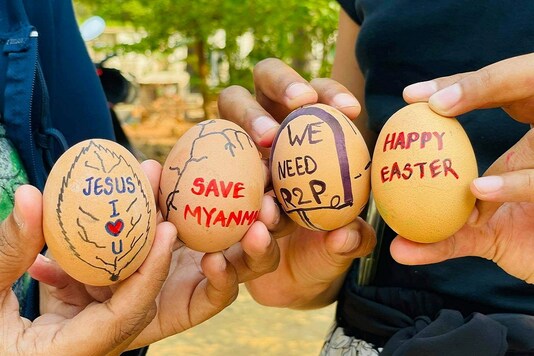 Easter eggs are painted with slogans from the protests against the military coup, in Mandalay, Myanmar.

(Credit: Reuters from social media)